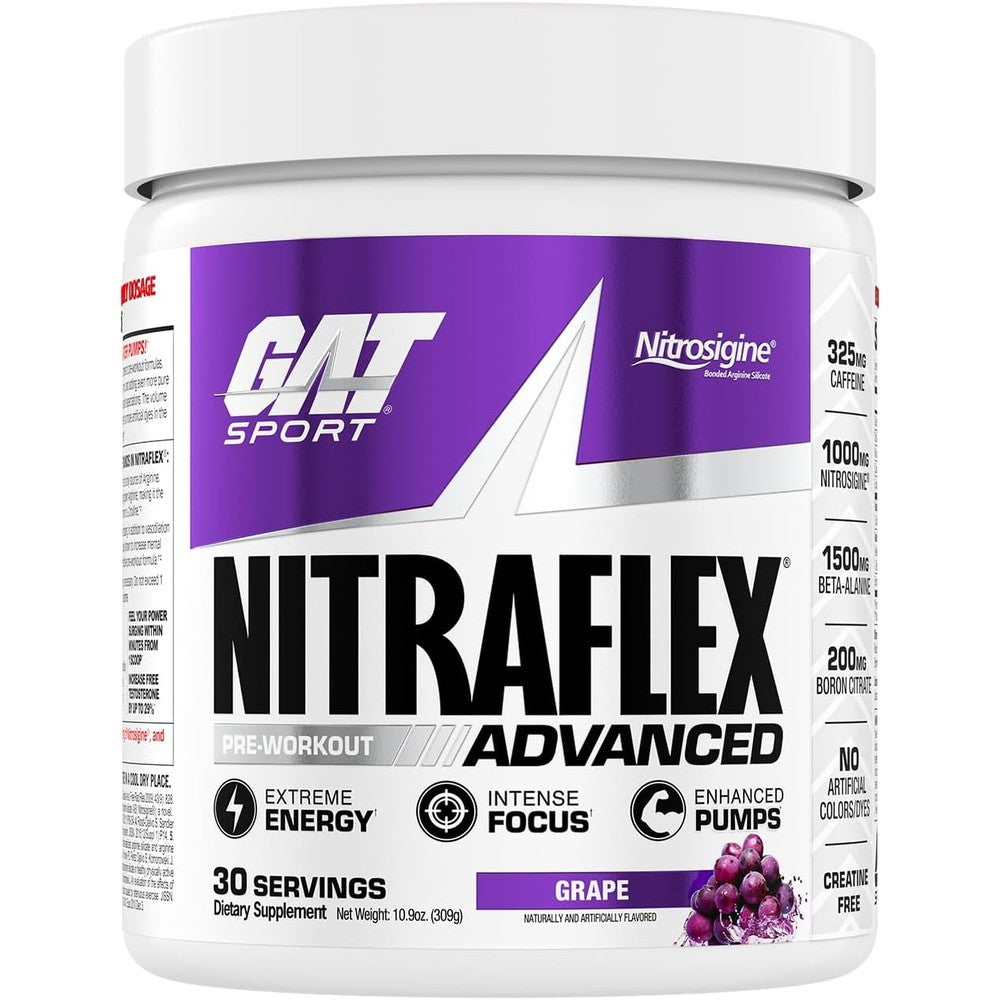 GAT SPORT Nitraflex Advanced Pre-Workout Grape 30 Servings front view supplement container
