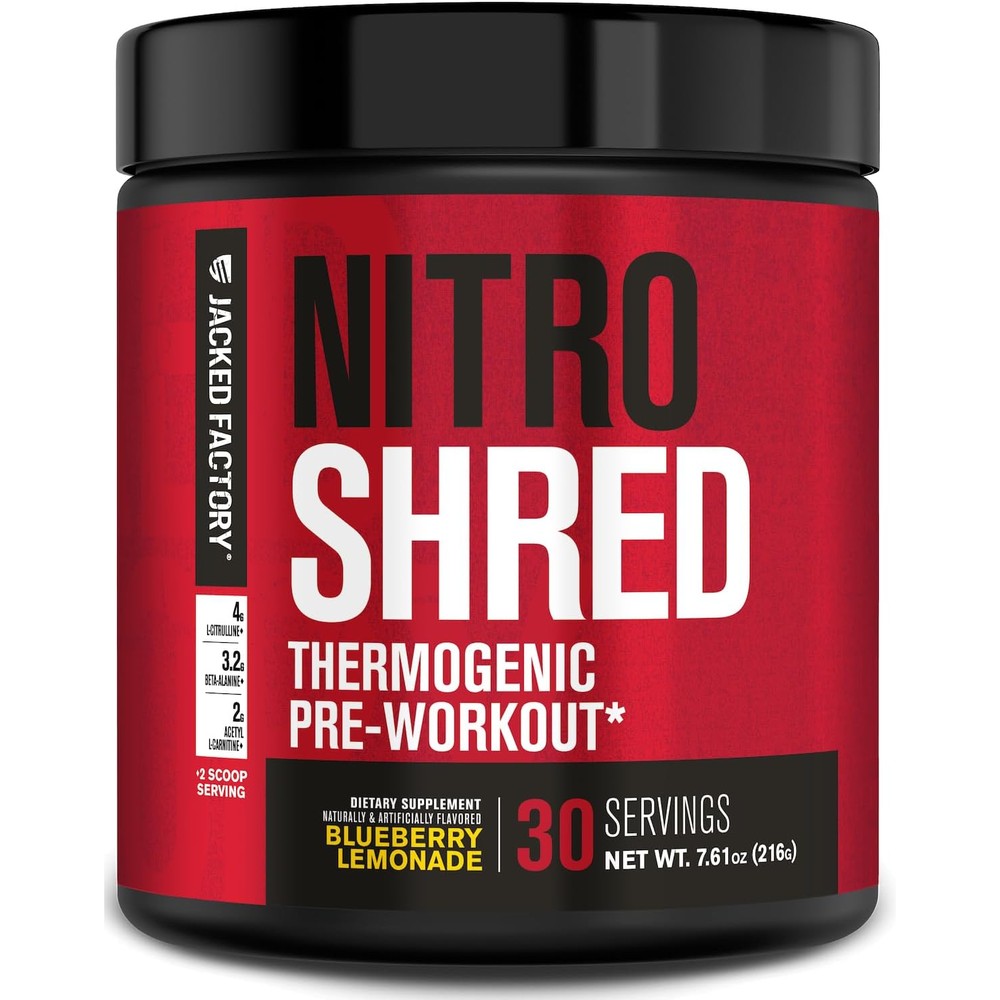 Jacked Factory Nitrosurge Shred Pre Workout Blueberry Lemonade front view supplement tub