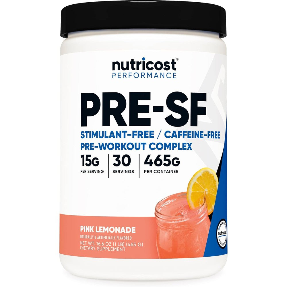 Nutricost Stim Free Pre Workout Pink Lemonade container front view showing supplement facts.