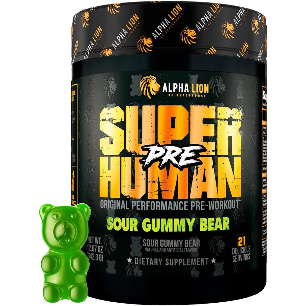 Alpha Lion Superhuman Pre Workout Sour Gummy Bear front view for muscle endurance.