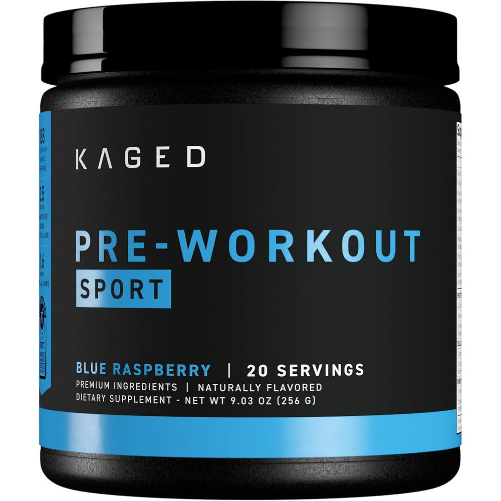 Kaged Sport Pre Workout Blue Razz front view packaging for nitric oxide boost.