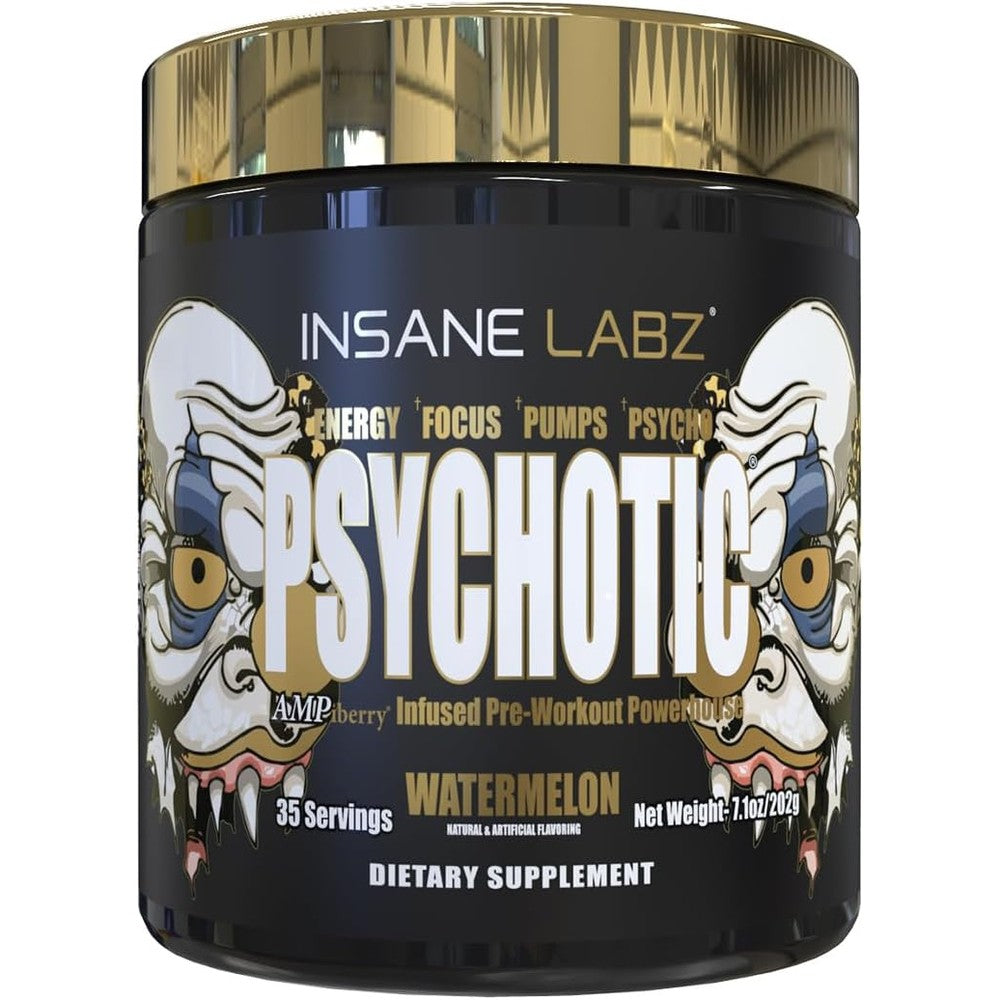 Insane Labz Psychotic Gold Watermelon container front view showing 35 servings.