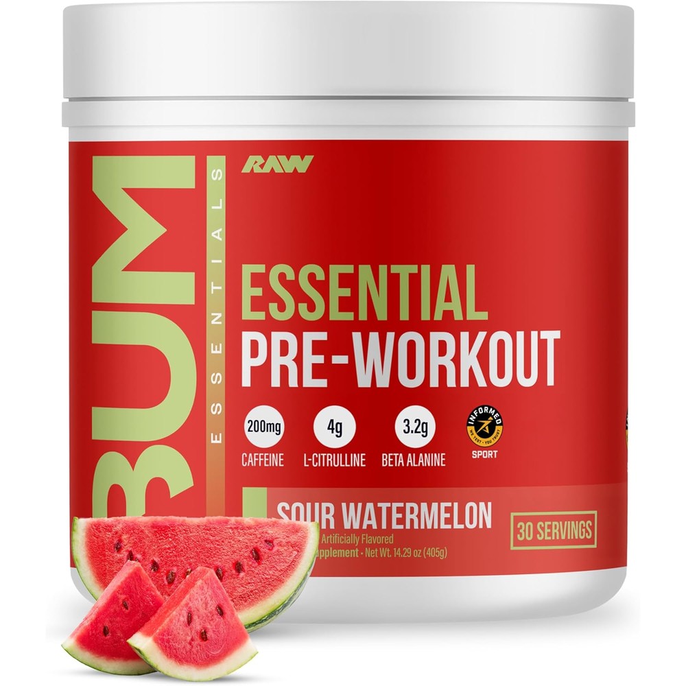 RAW Essential Pre Workout sour watermelon energy powder 510g 30 servings