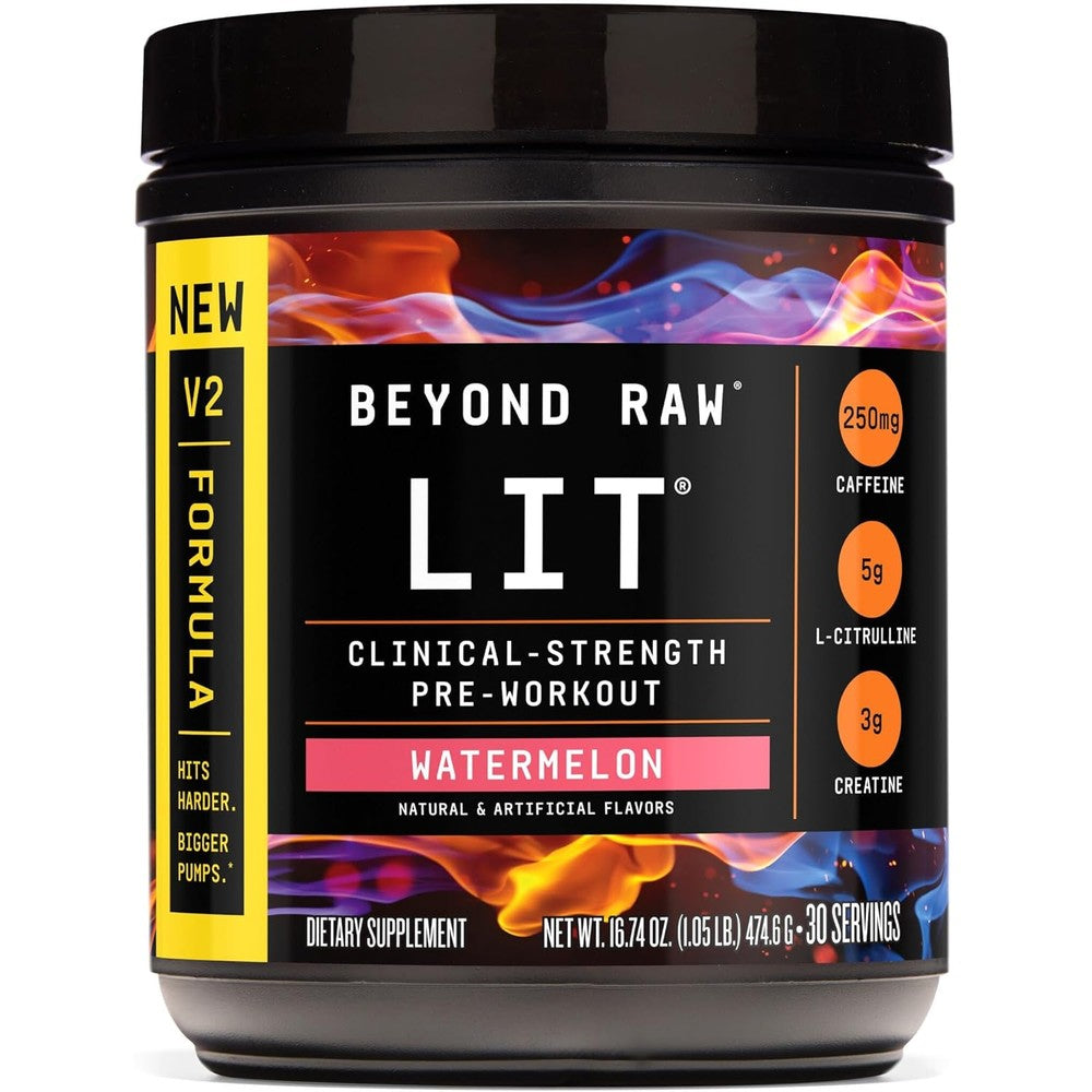 BEYOND RAW LIT V2 549.0g Watermelon clinical strength pre workout powder tub