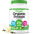Orgain Organic Vegan Protein Powder Vanilla Bean front view of 2.03 lb tub showing 21g of plant protein per serving.