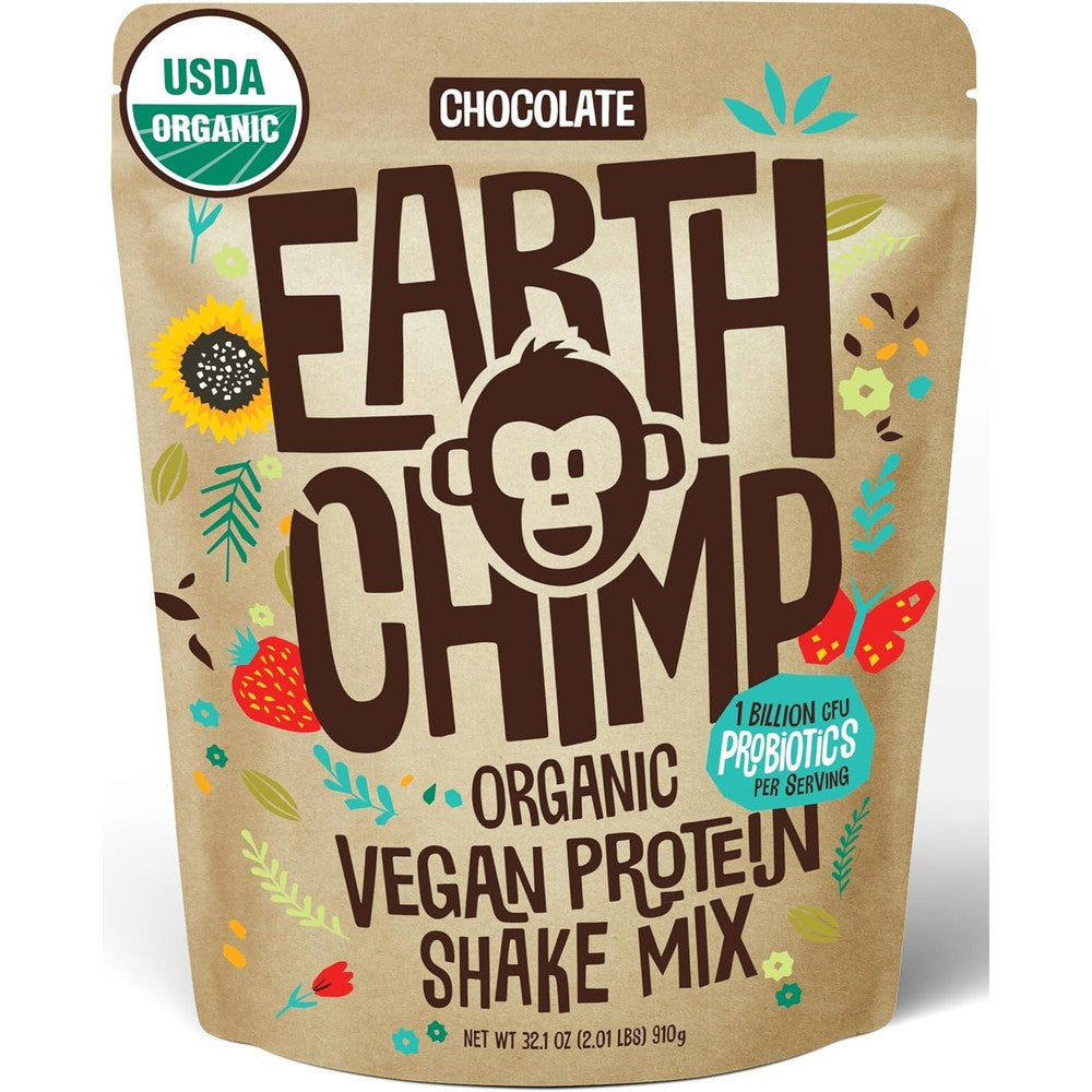 EarthChimp Organic Vegan Protein Powder Chocolate 32 ounce tub front view for plant-based nutrition.