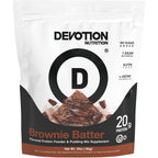 Devotion Nutrition Brownie Batter Protein Powder front view of 2lb pouch for muscle recovery.