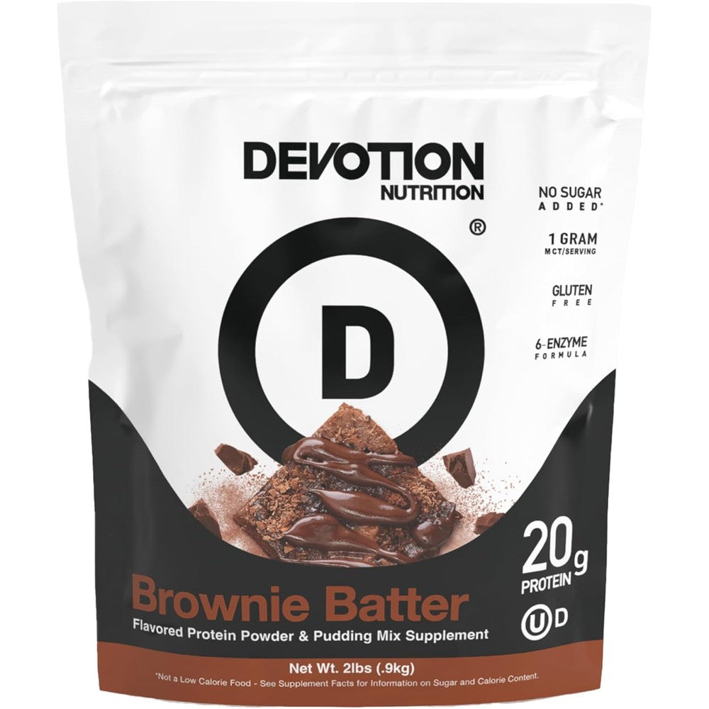 Devotion Nutrition Brownie Batter Protein Powder front view of 2lb pouch for muscle recovery.