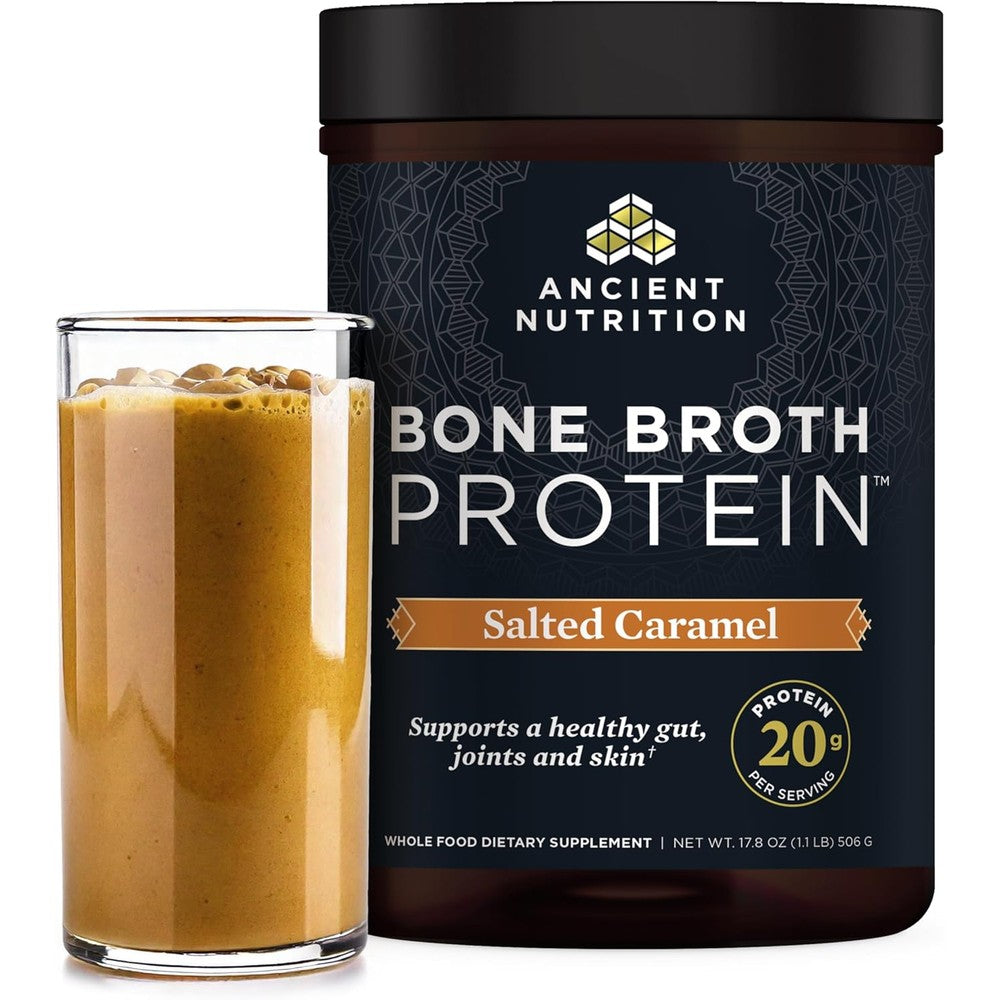 Ancient Nutrition Bone Broth Protein Salted Caramel front view for gut health.