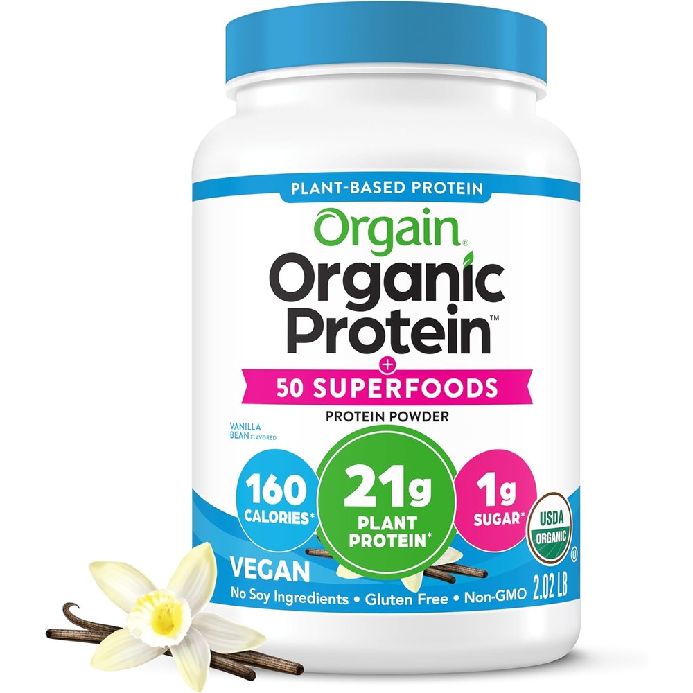 Orgain Organic Vegan Protein Powder front view of vanilla bean tub