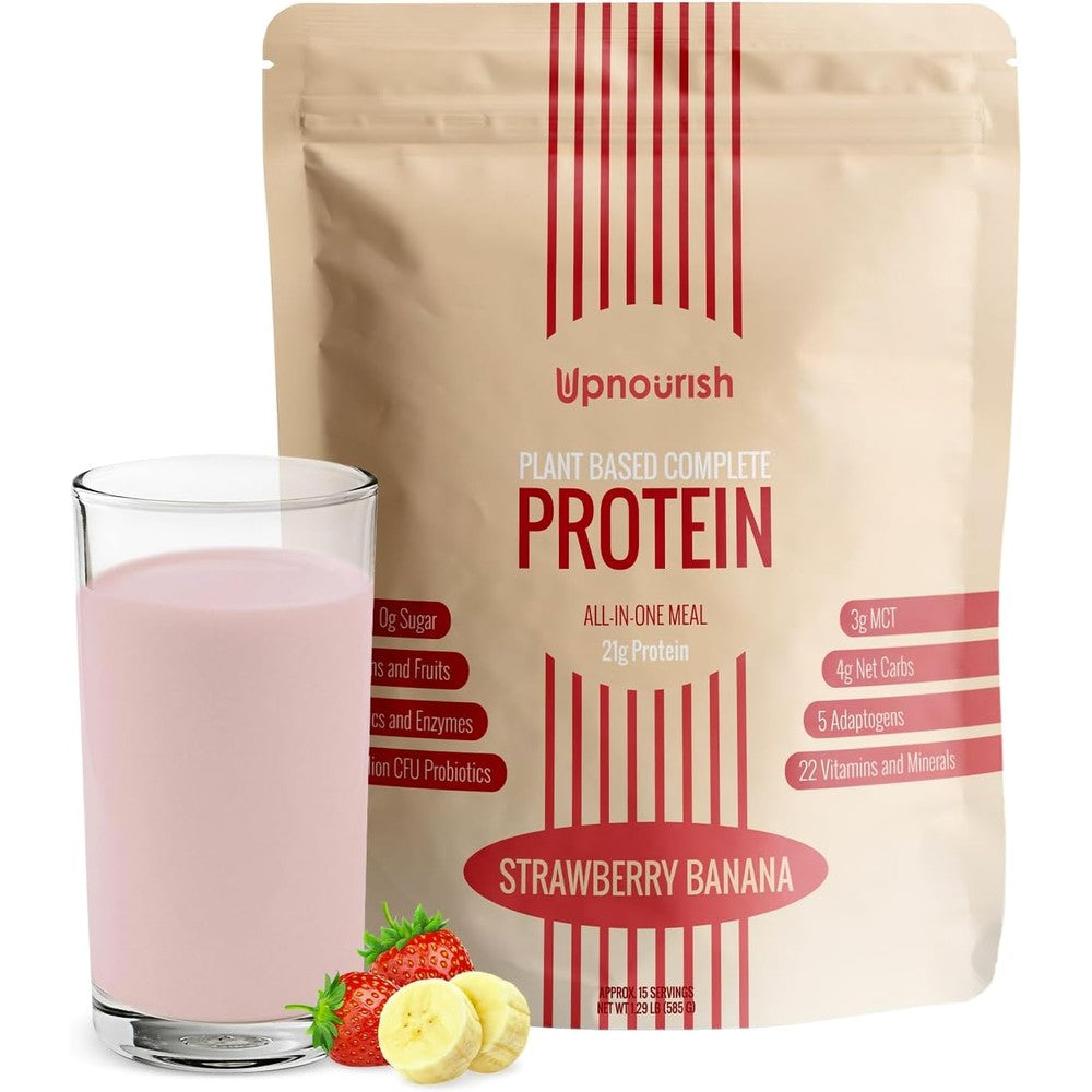 UpNourish Vegan Protein Powder Strawberry Banana front view plant based meal replacement