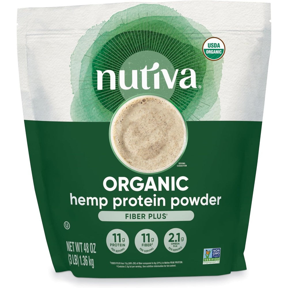 Nutiva organic hemp seed plant protein powder 1.36kg bag showing fiber plus label