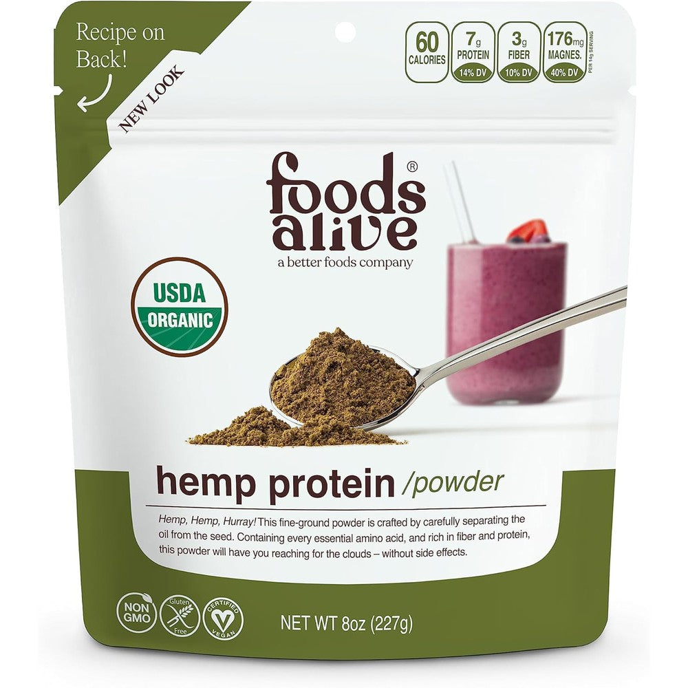 Foods Alive Organic Hemp Protein Powder 8 Ounce front view of resealable bag