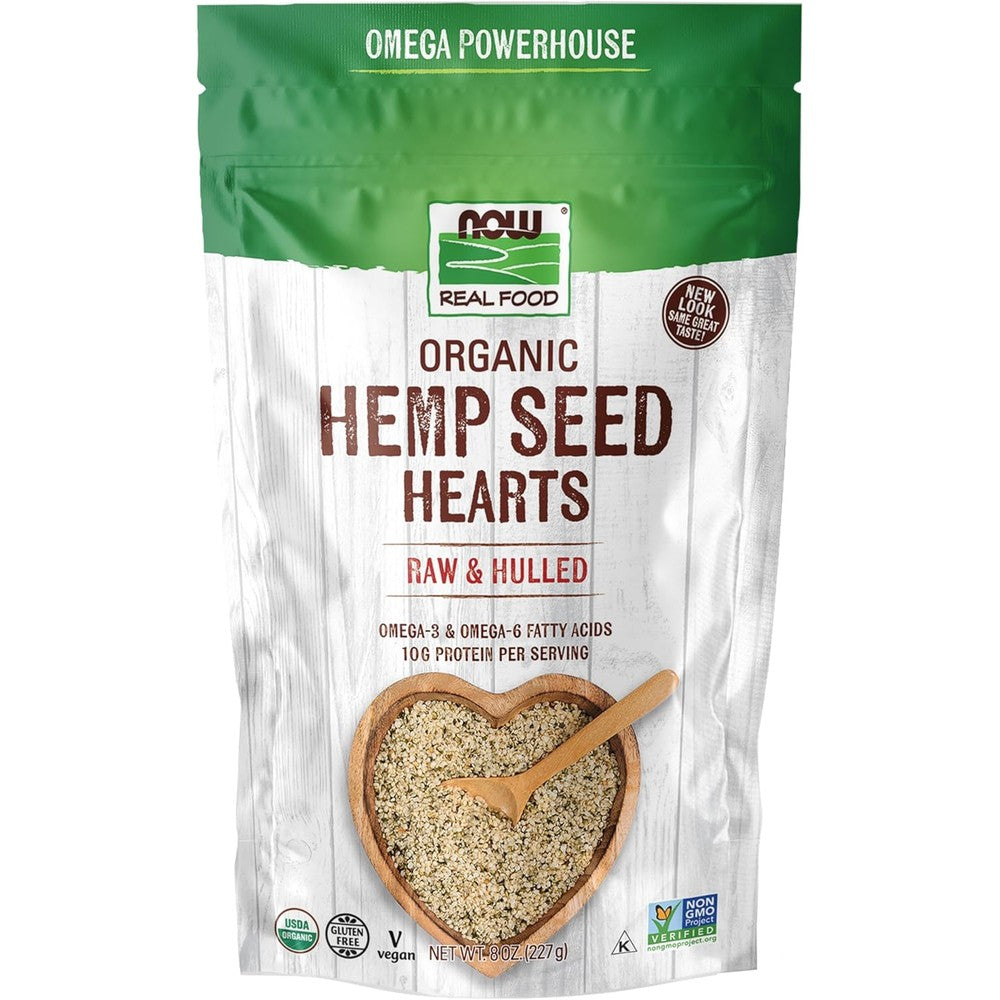 NOW Foods Organic Hemp Seed Hearts 8 Ounce front view showing USDA Organic seal.