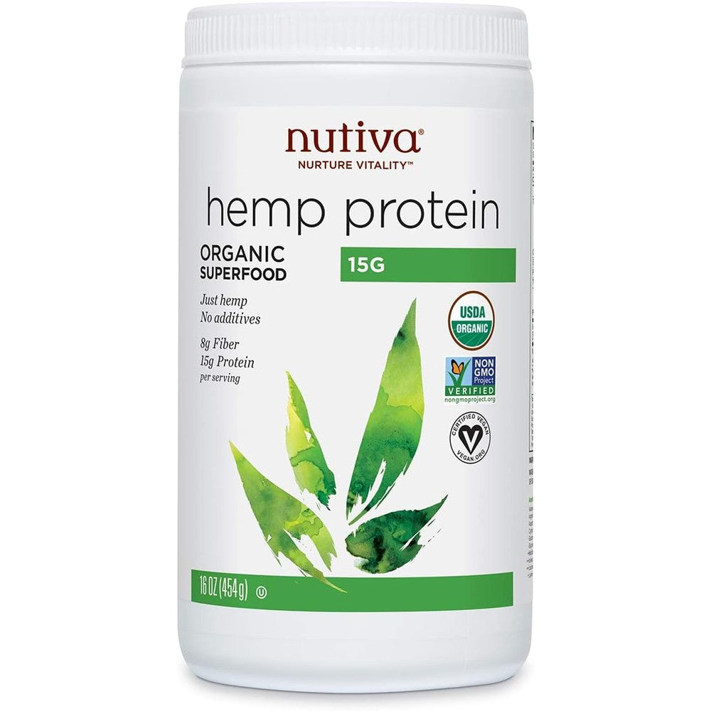 Nutiva Organic Hemp Protein 16 Ounce canister front view showing 15g protein label