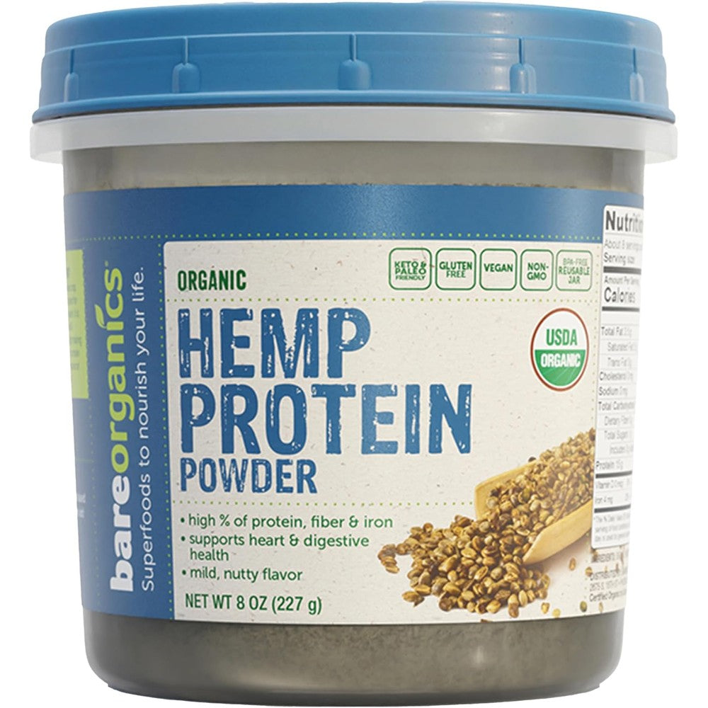 BareOrganics Hemp Seed Protein 8 Ounce jar front view organic vegan supplement