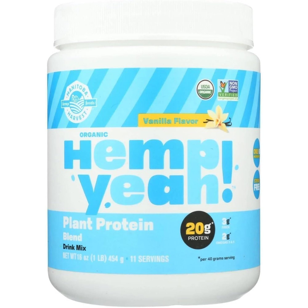 Manitoba Harvest Hemp Yeah! Plant Protein Blend Vanilla front view showing organic certification.