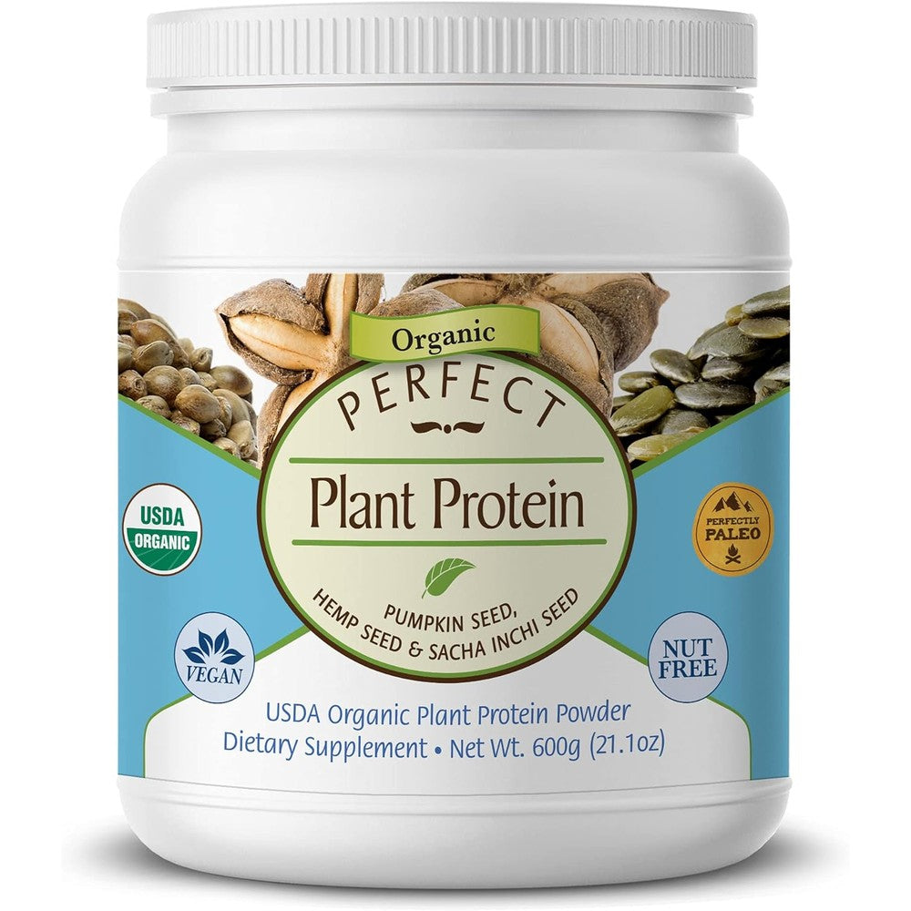 Perfect Supplements Perfect Plant Protein Powder front view for organic vegan nutrition.