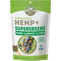 Manitoba Harvest Organic Hemp and Supergreens Powder front packaging showing protein and fiber content.