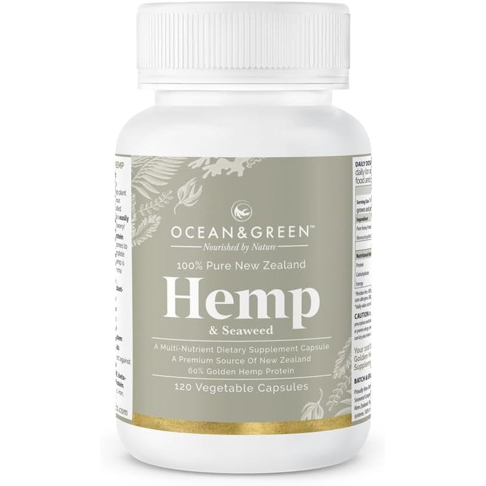 Ocean and Green NZ Hemp Protein and Seaweed 120 capsules front bottle view.