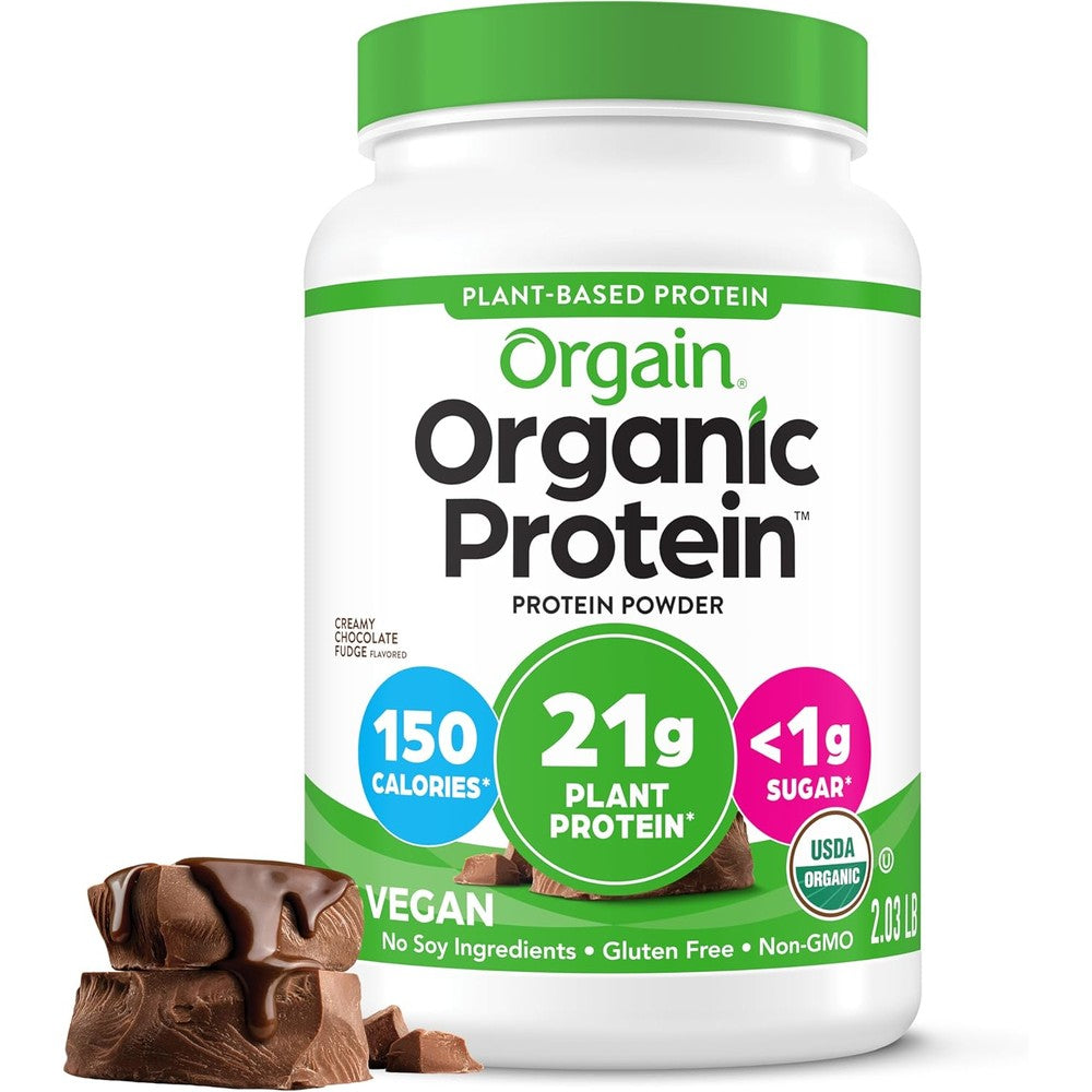 Orgain organic vegan protein powder in creamy chocolate fudge for fitness