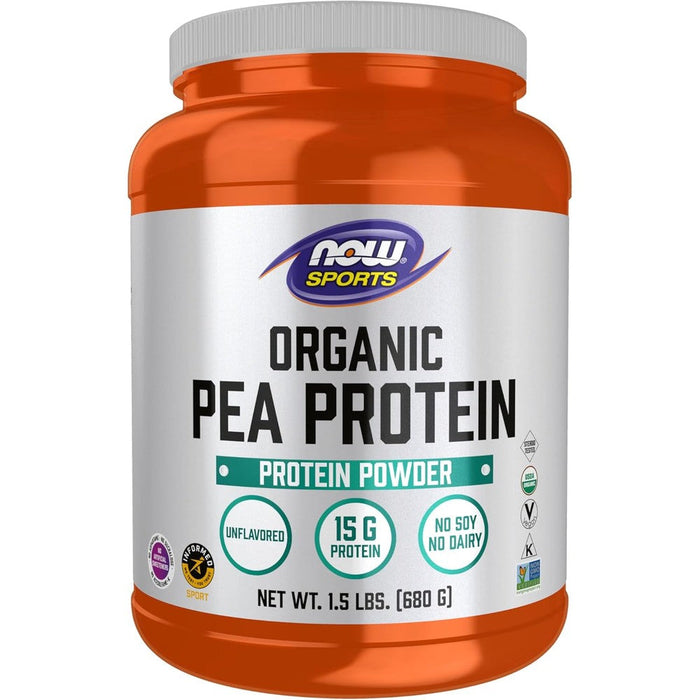 Now Foods Sports Organic Pea Protein front view container showing fifteen grams protein certification labels