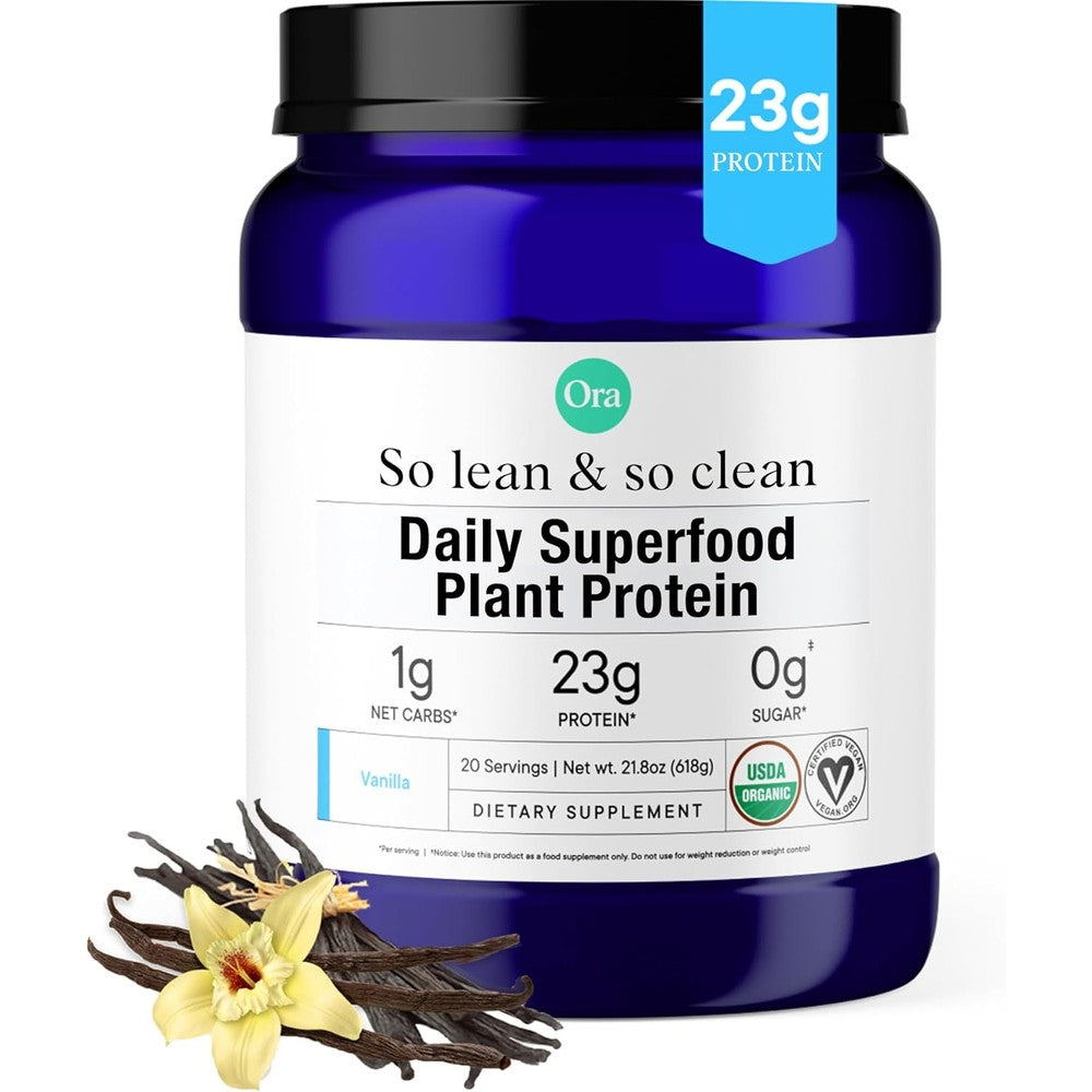 Ora Organic So Lean and So Clean Vanilla Protein Powder front view for vegan nutrition.