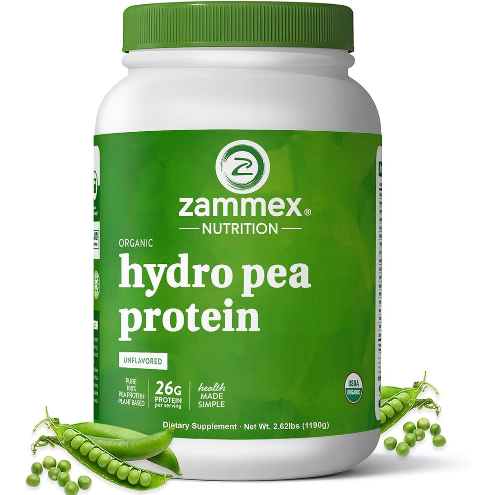 Zammex Organic Pea Protein Powder front view showing 26g protein label