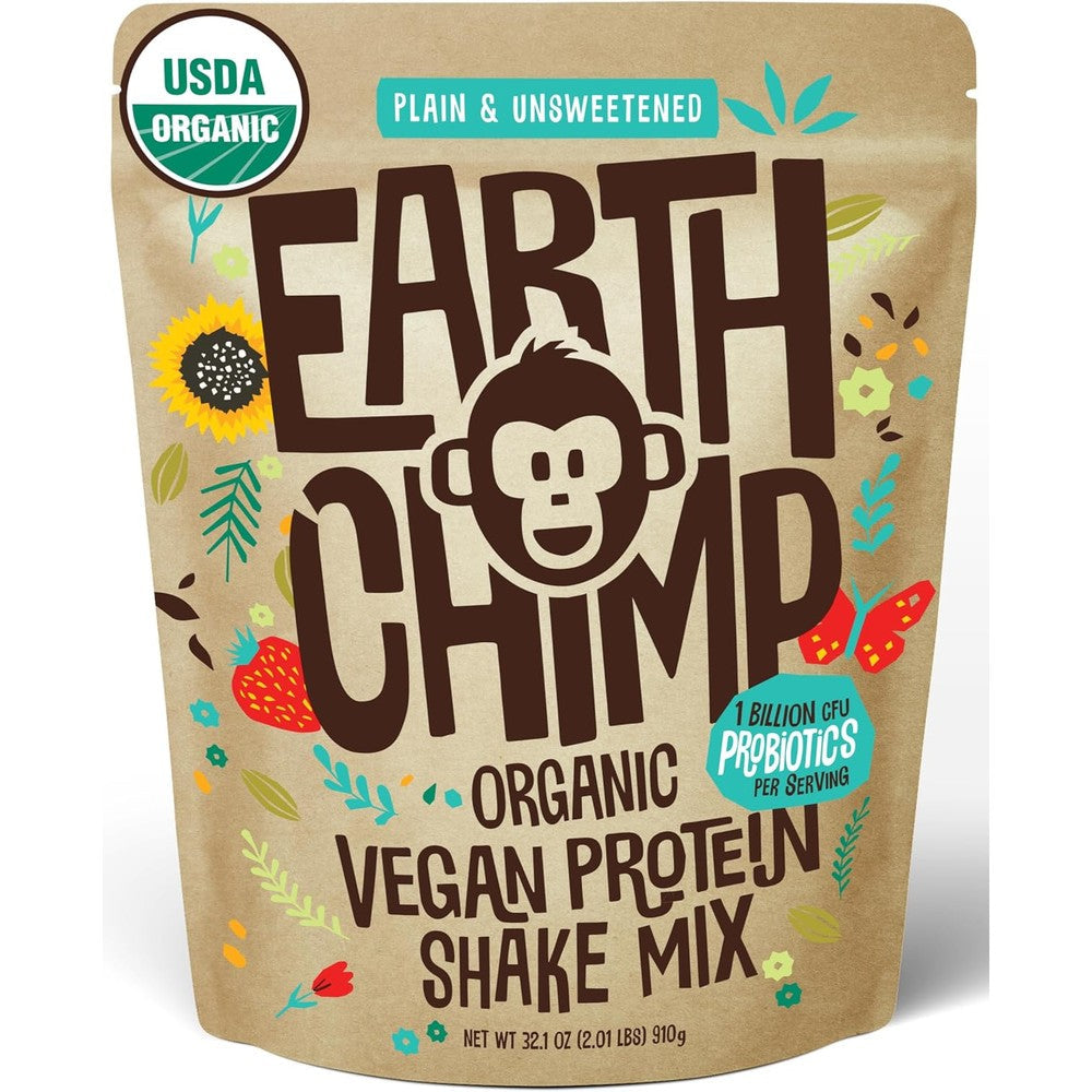 EarthChimp Organic Vegan Protein Powder front packaging for plant-based nutrition.