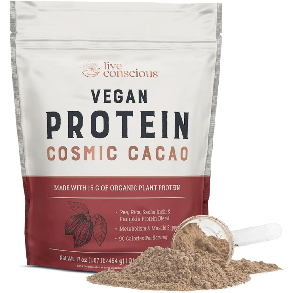 Live Conscious Cosmic Cacao Organic Vegan Protein Powder front view for muscle recovery