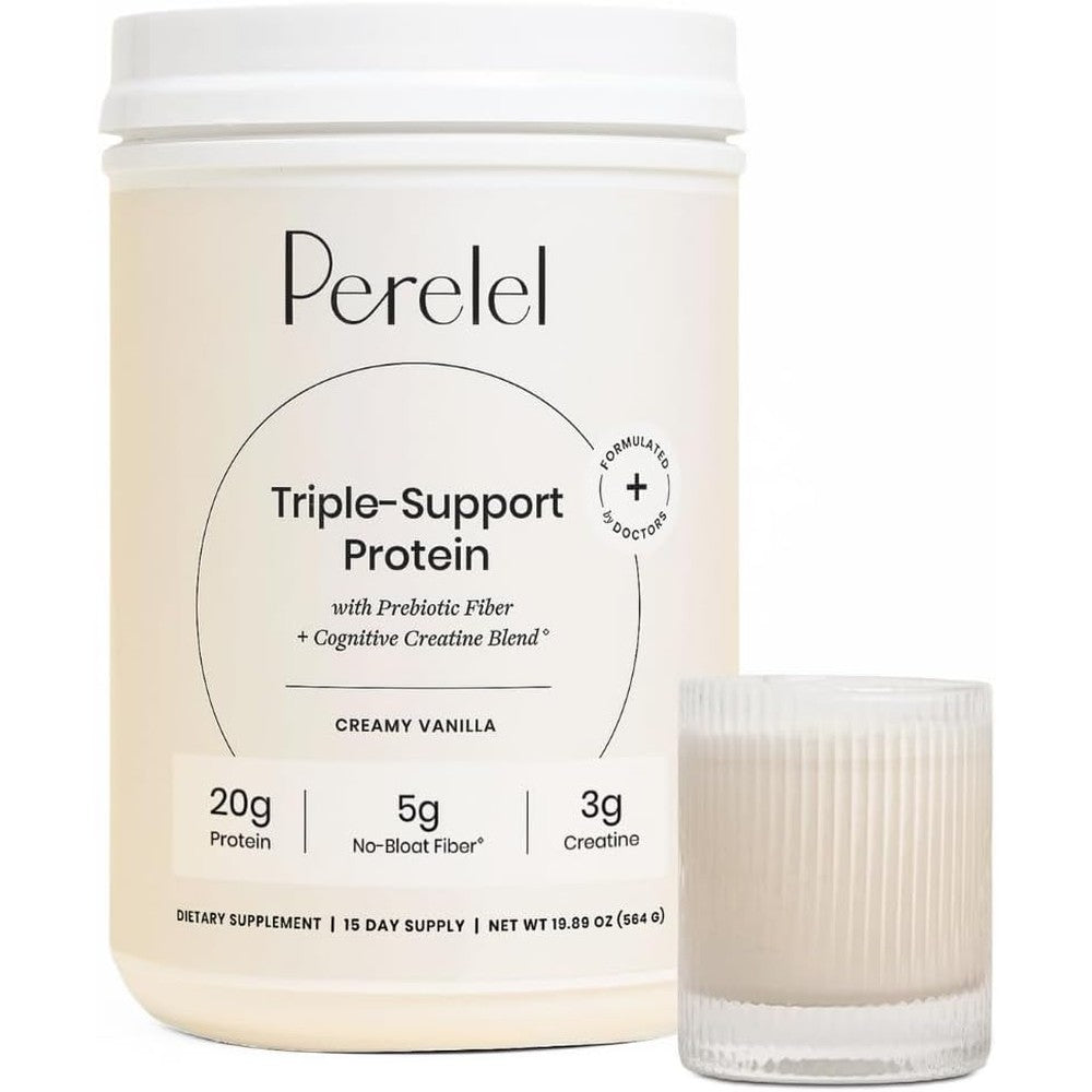 Perelel Triple-Support Plant Based Protein Powder front view for vegan nutrition.