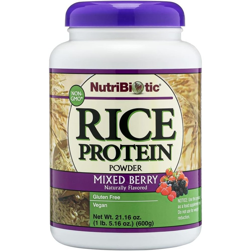 NutriBiotic Mixed Berry Rice Protein Powder front view for vegan nutrition.