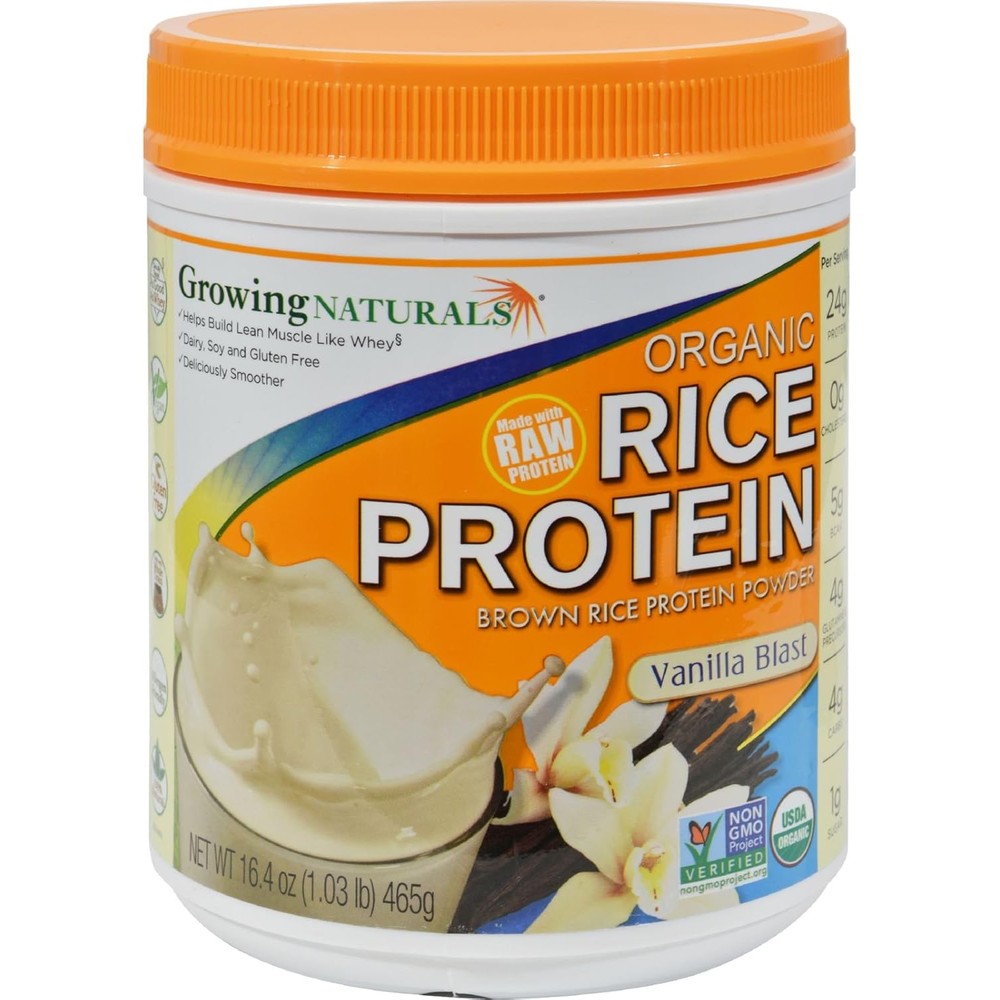 Growing Naturals Organic Raw Rice Protein Vanilla Blast container front view authentic vegan supplement.