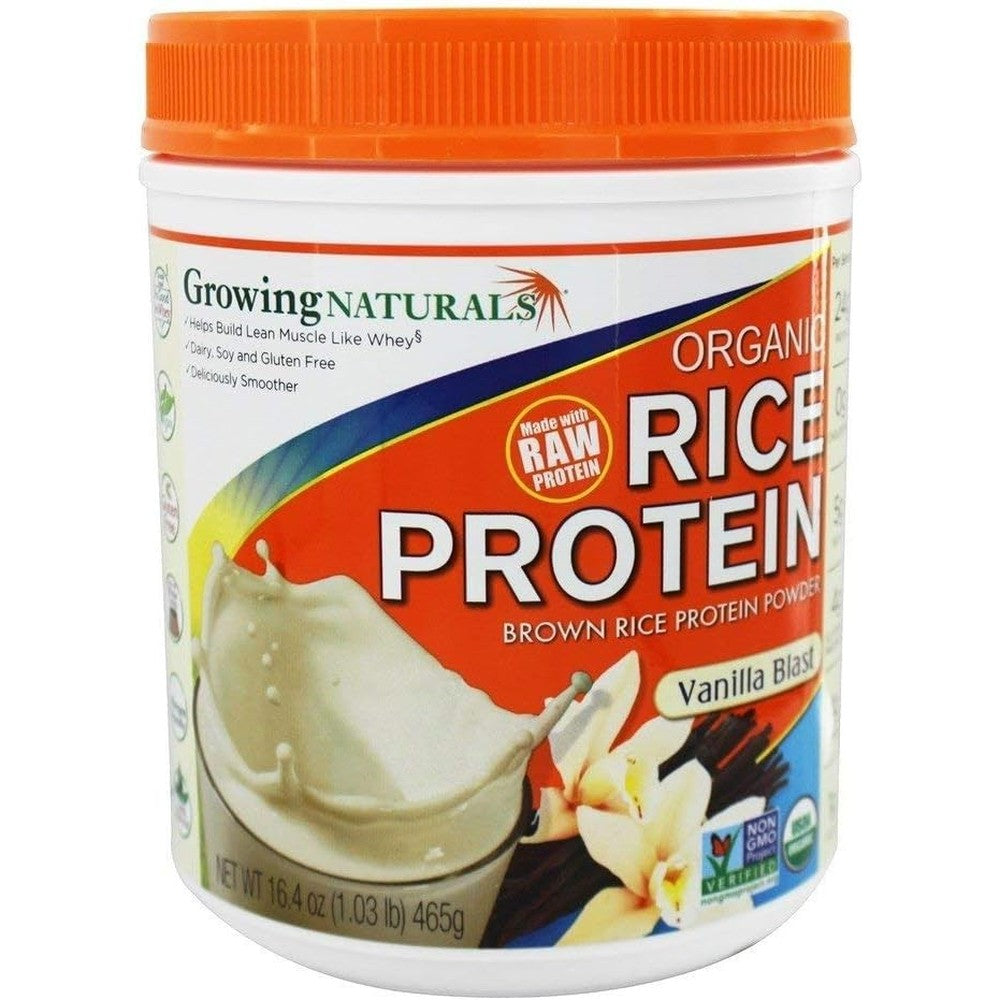 Growing Naturals Organic Rice Protein Powder Vanilla Blast front view for vegan muscle recovery.