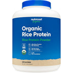 Nutricost Organic Rice Protein Powder 5 Pounds front view container of unflavored vegan protein supplement.