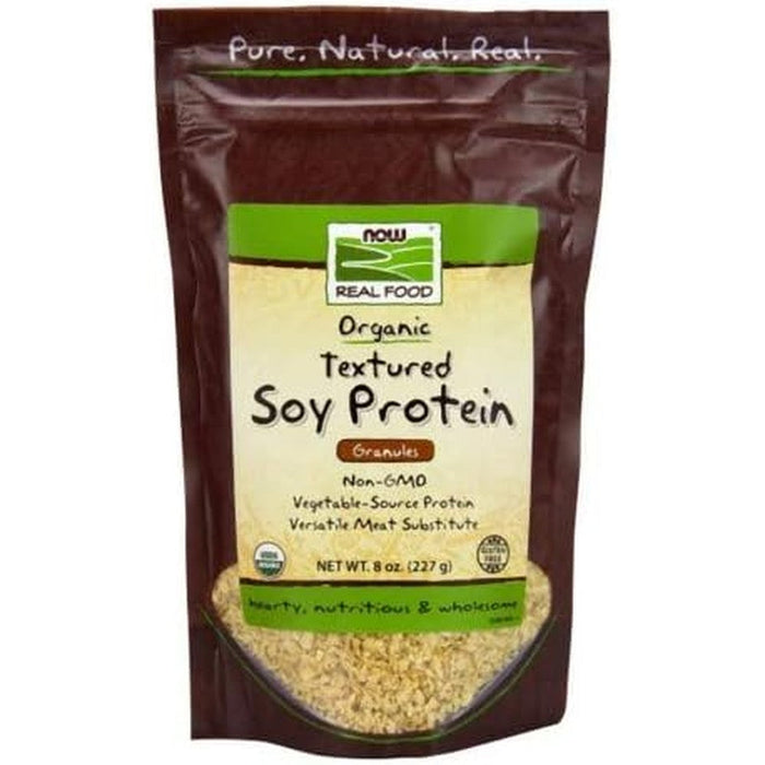 NOW Foods Real Food Organic Textured Soy Protein Granules 8 Ounce bag front view for vegan meal prep.