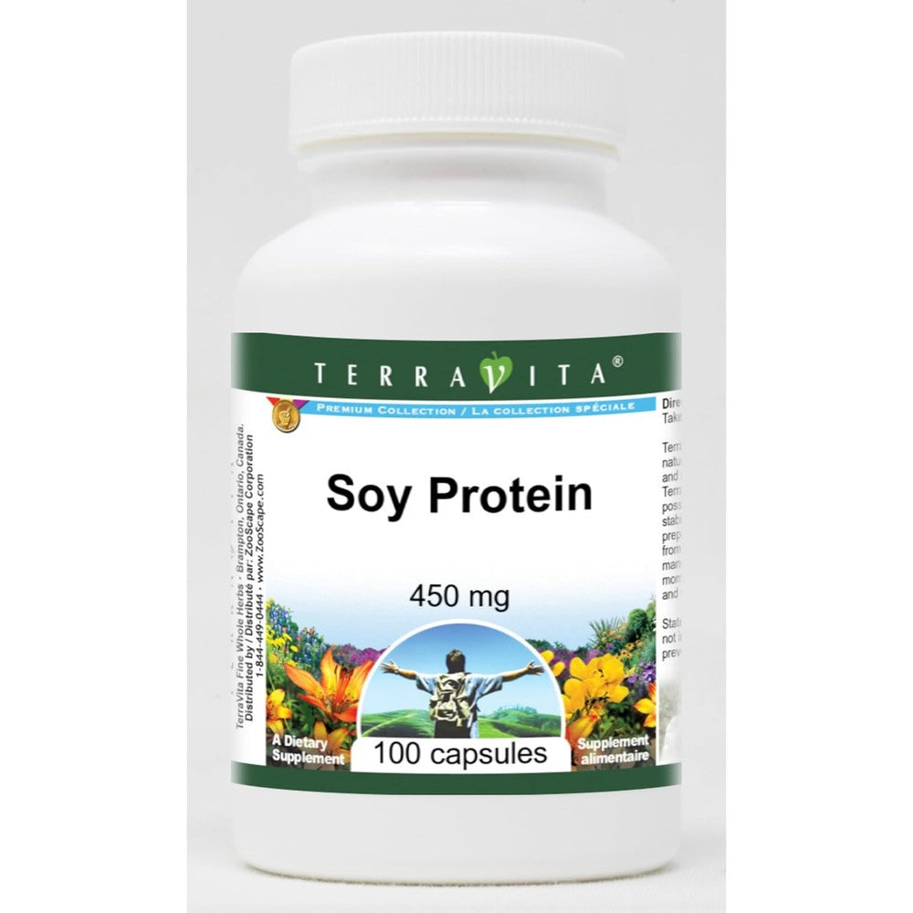 Terravita Soy Protein 100 capsules front bottle view for plant based nutrition.