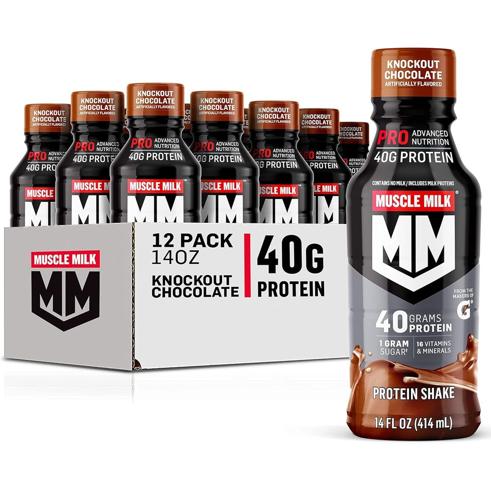Muscle Milk Pro Advanced Nutrition Knockout Chocolate 12 Pack front view recovery shake