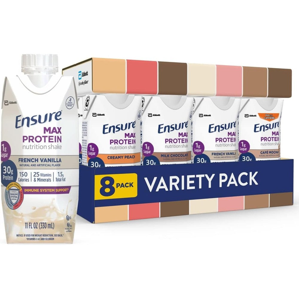 Ensure Max Protein Variety Pack front view showing assorted flavors of high protein shakes.