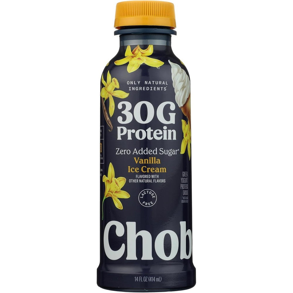 Chobani 30g Protein Drink Vanilla Ice Cream front view showing nutritional labels.