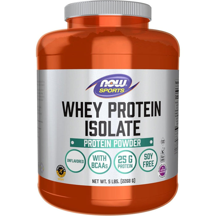 NOW Foods sports whey protein isolate 5 pound container front view for muscle building