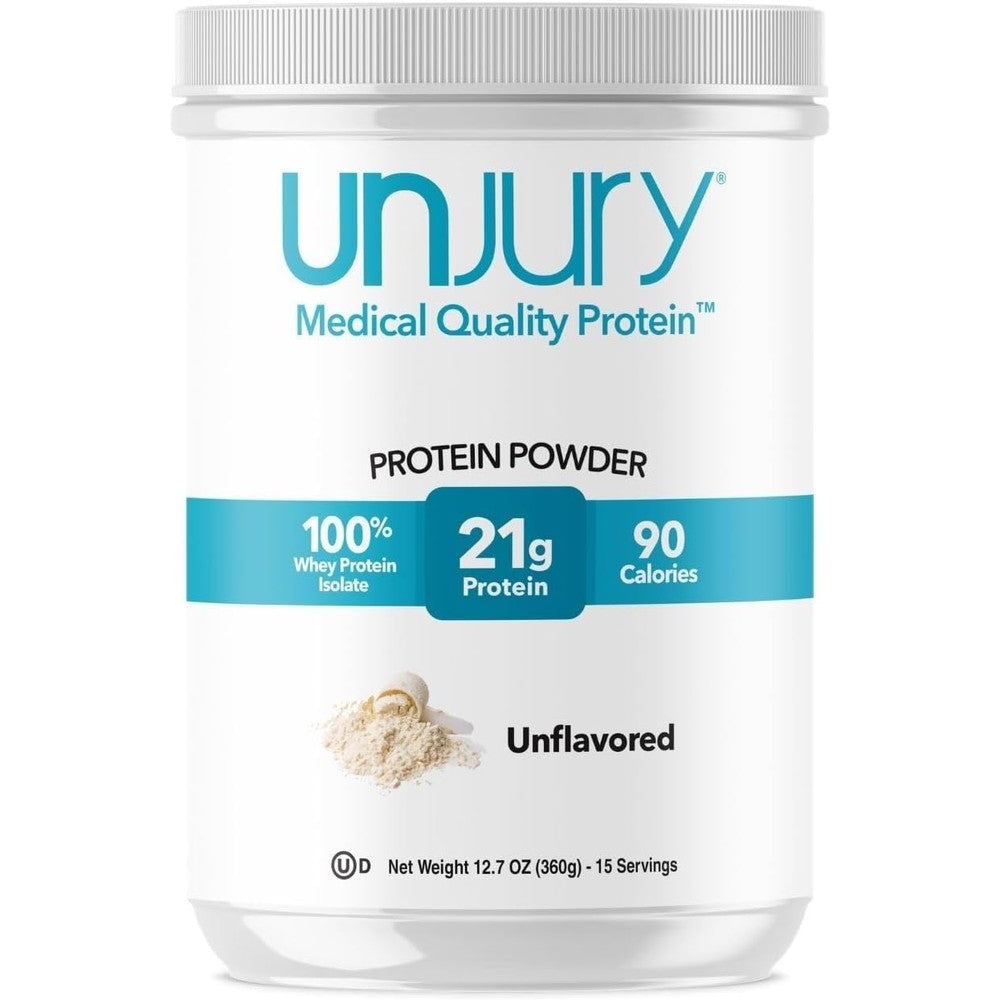 Unjury Unflavored Protein Powder front view of 15 servings container
