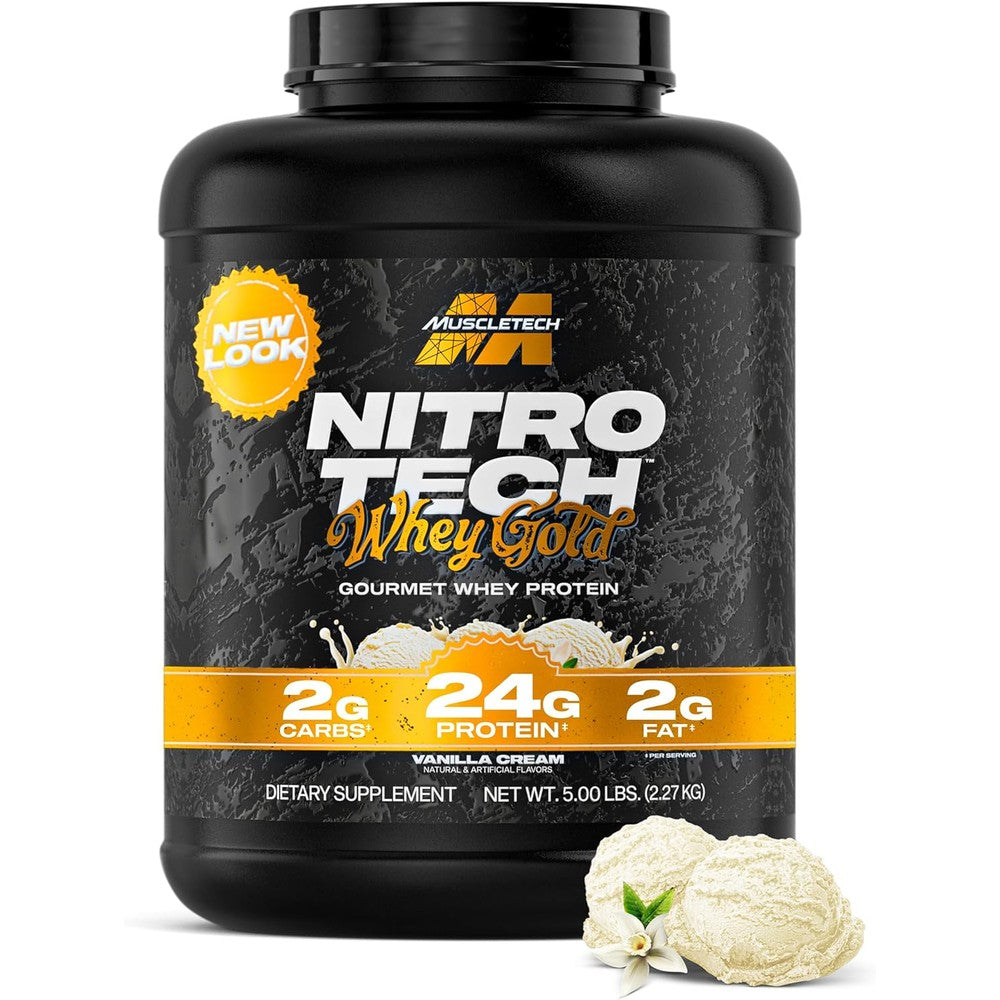MuscleTech Nitro Tech 100% Whey Gold Vanilla Cream 5lb front view for muscle recovery