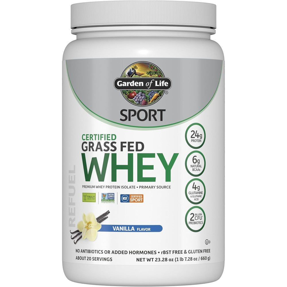 Garden of Life grass fed whey protein isolate vanilla with 24g protein per serving