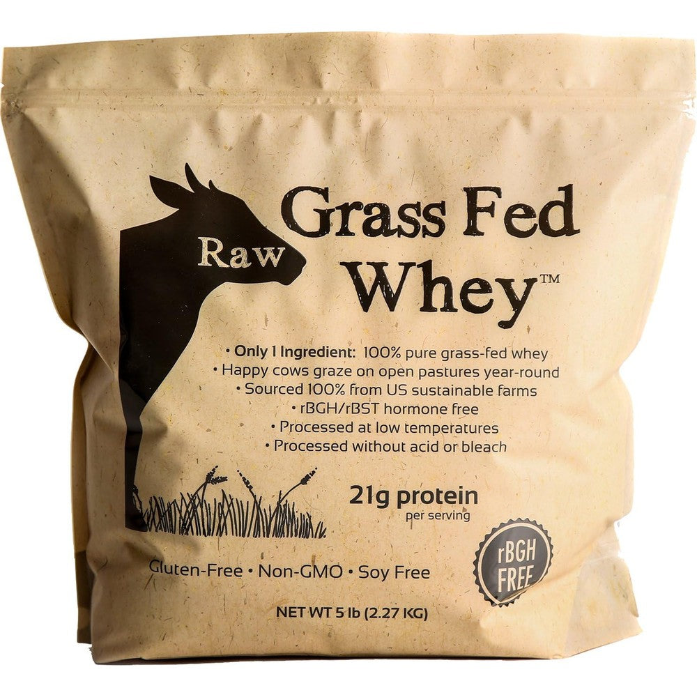 Raw Organic Whey Grass Fed Protein Powder front view of 5 pound bulk bag