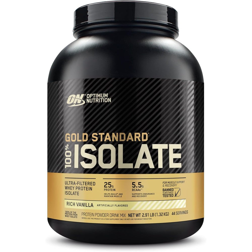 Optimum Nutrition Gold Standard 100% Isolate Rich Vanilla front view premium protein powder.