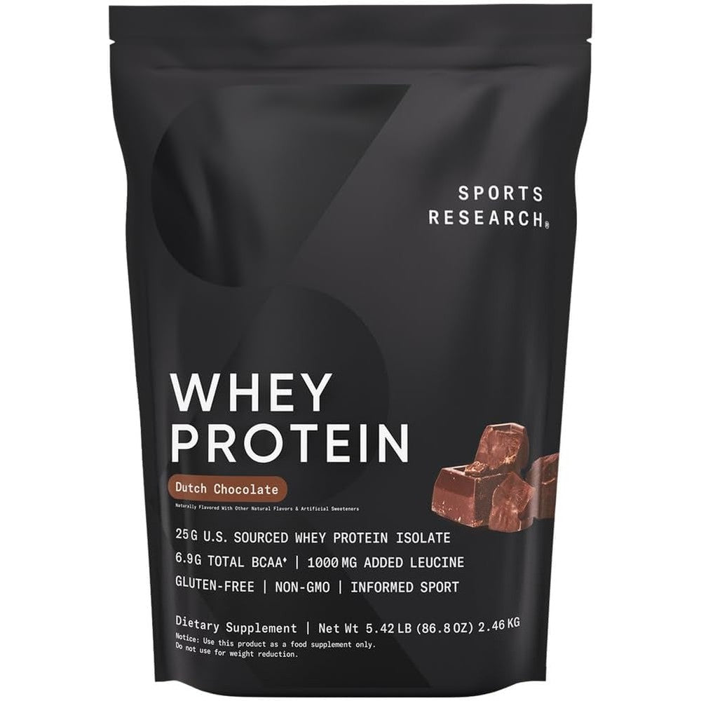 Sports Research Whey Protein Isolate Dutch Chocolate 5 Pound bag front view showing sports nutrition details.
