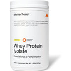 Momentous Grass Fed Whey Protein Isolate front view of vanilla tub.
