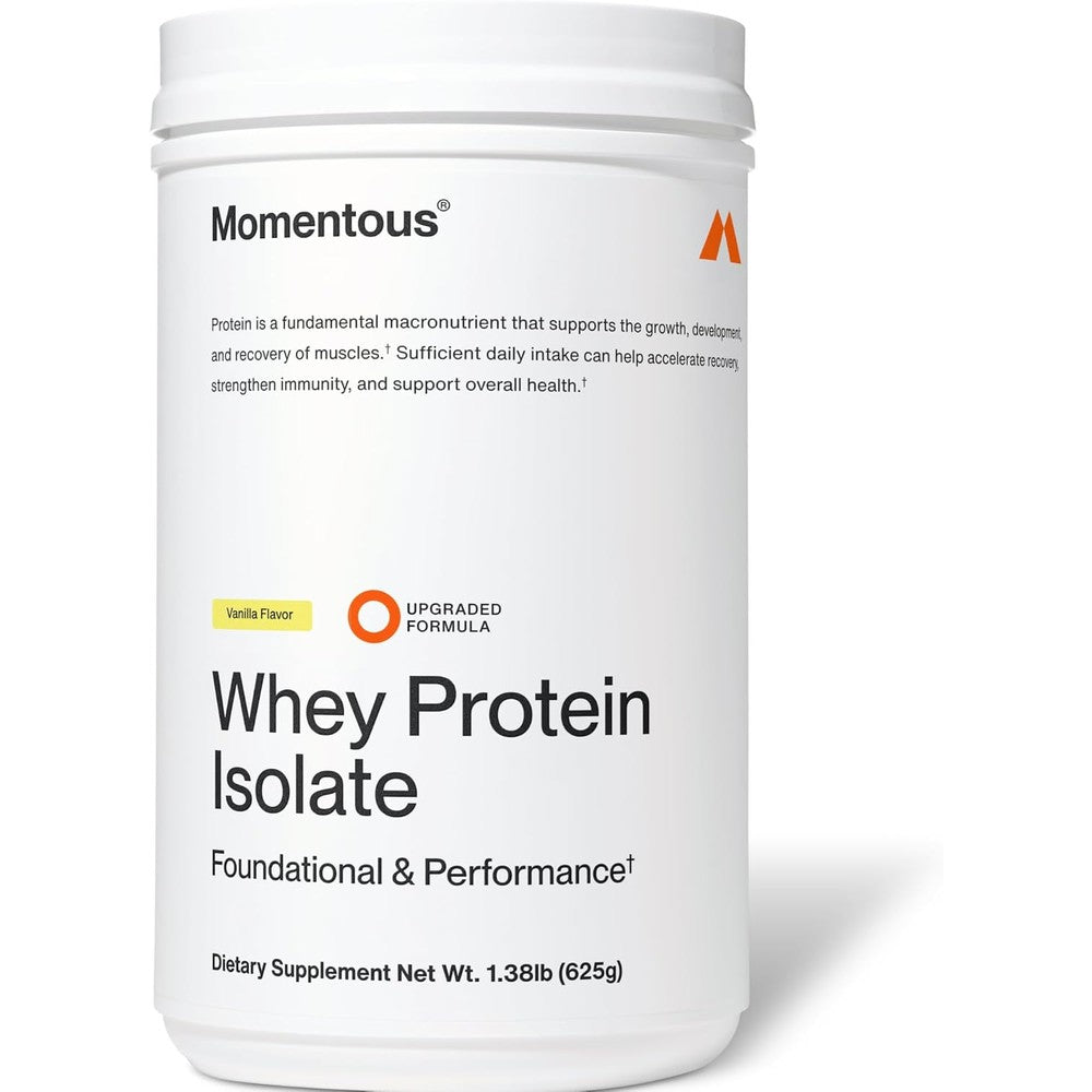 Momentous Grass Fed Whey Protein Isolate front view of vanilla tub.