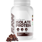 RAW Nutrition Whey Isolate Protein Powder Dark Chocolate tub front view showing 25g protein claim.